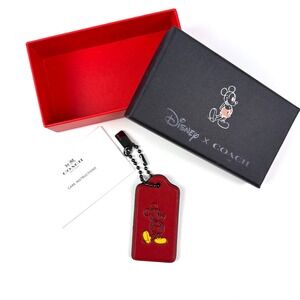 New Disney x Coach Mickey Mouse Hang Tag Red Black Leather Bag Charm Box